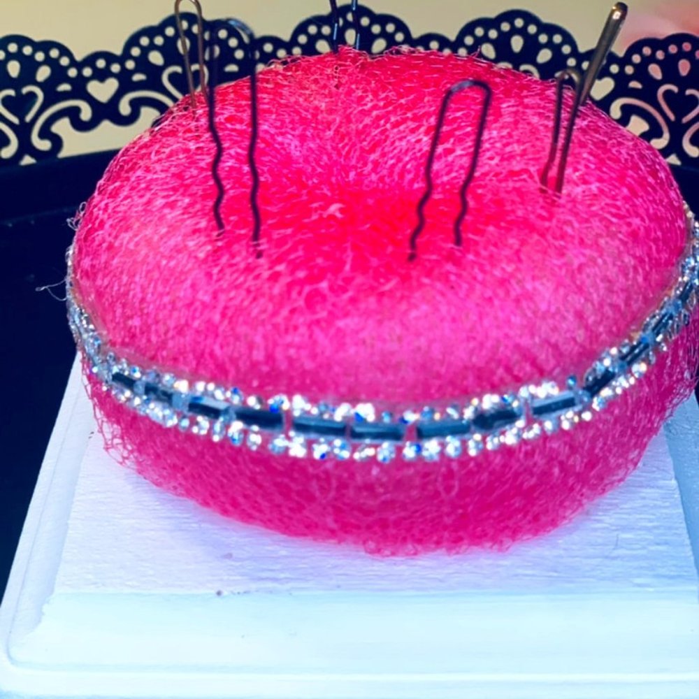 Elegant Hair Pin Cushion on chalk painted white wood base.